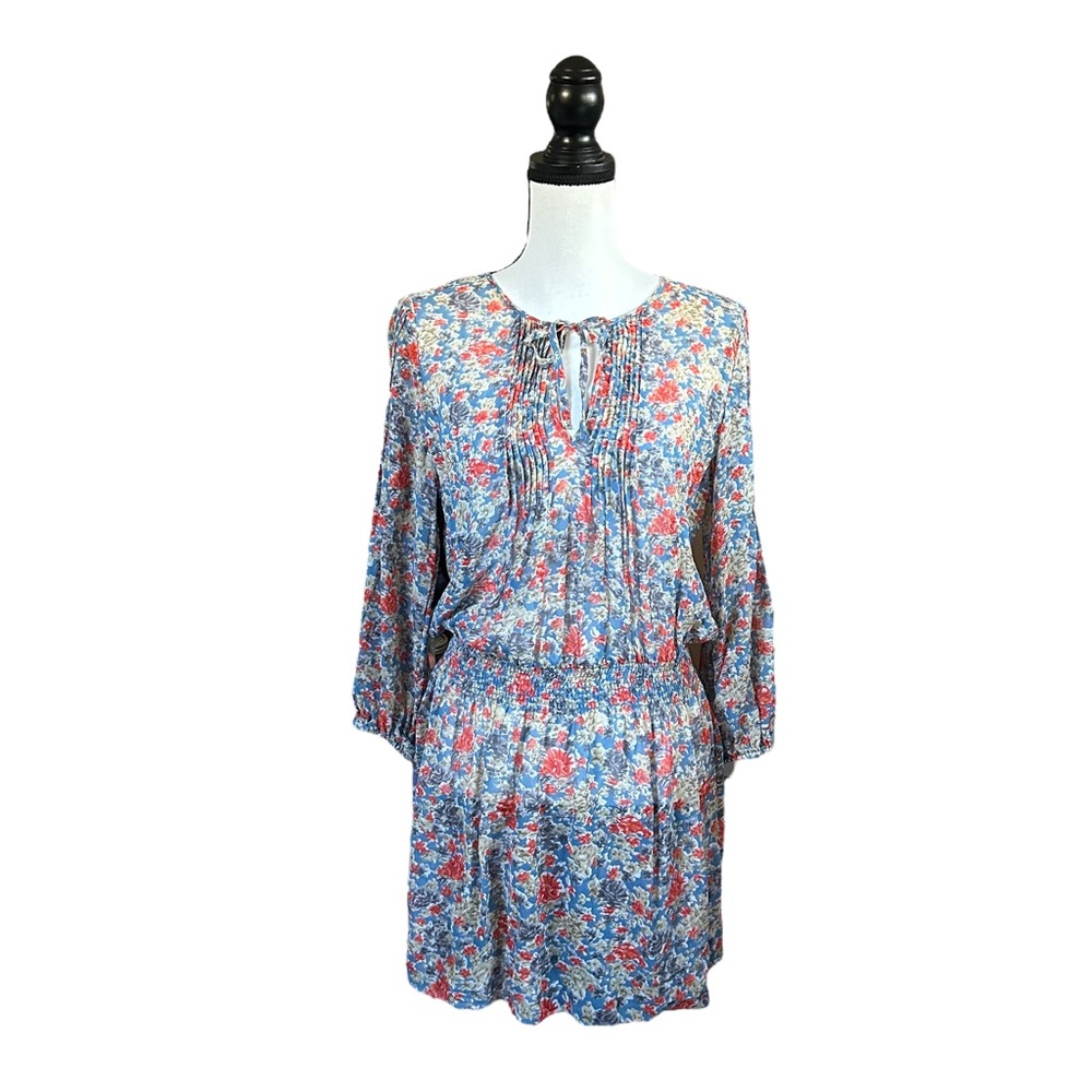 Joie Sheer Floral Mini Dress 100% Silk Pleated Long Sleeve Boho Cottagecore M